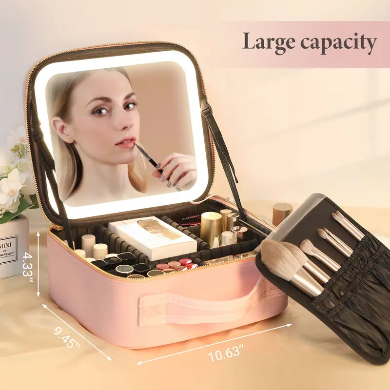 Makeup Bag with LED Mirror Multiple Color Travel Makeup Bag with Mirror Lighted Makeup Case of 3-Colour LED Lighted Makeup Train Case with Adjustable Dividers, Makeup Case with Mirror Makeup Bags